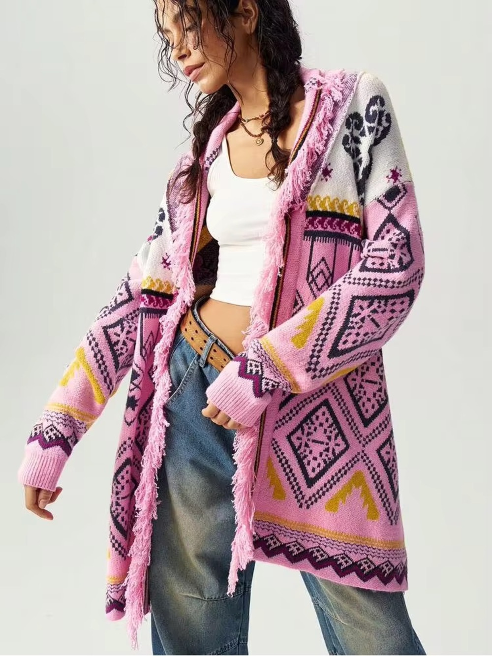 🧿 SHEIN Pink Southwestern Aztec Fringe Open Front Cardigan Sweater Small